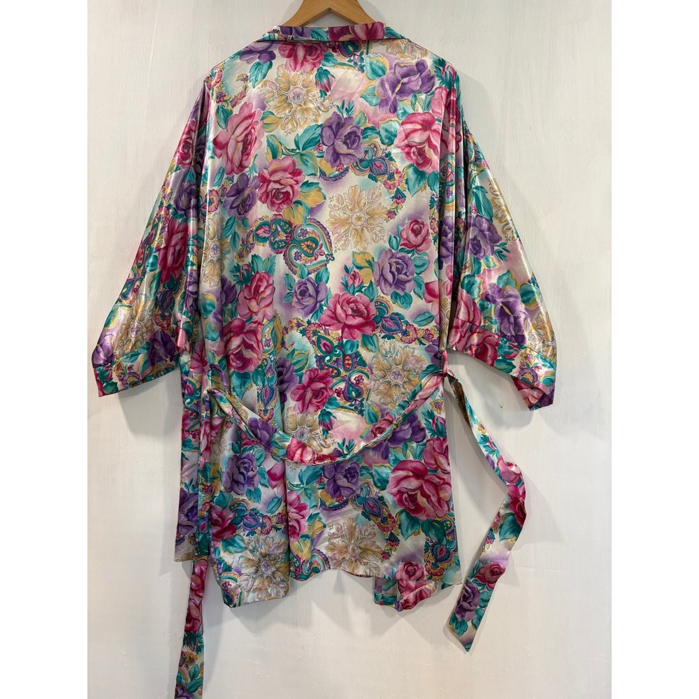 Vintage Adonna Woman Floral Satin Robe Pink Purple Paisley Kimono 2X USA - Picture 15 of 16